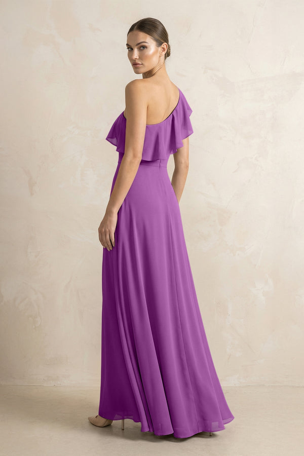 Ruffled One - Shoulder A - Line Chiffon Bridesmaid Dress in Amethyst - KissProm Bridesmaid Dresses