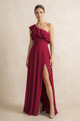 Ruffled One - Shoulder A - Line Chiffon Bridesmaid Dress in Berry - KissProm Bridesmaid Dresses