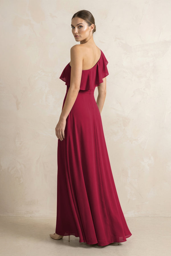 Ruffled One - Shoulder A - Line Chiffon Bridesmaid Dress in Berry - KissProm Bridesmaid Dresses