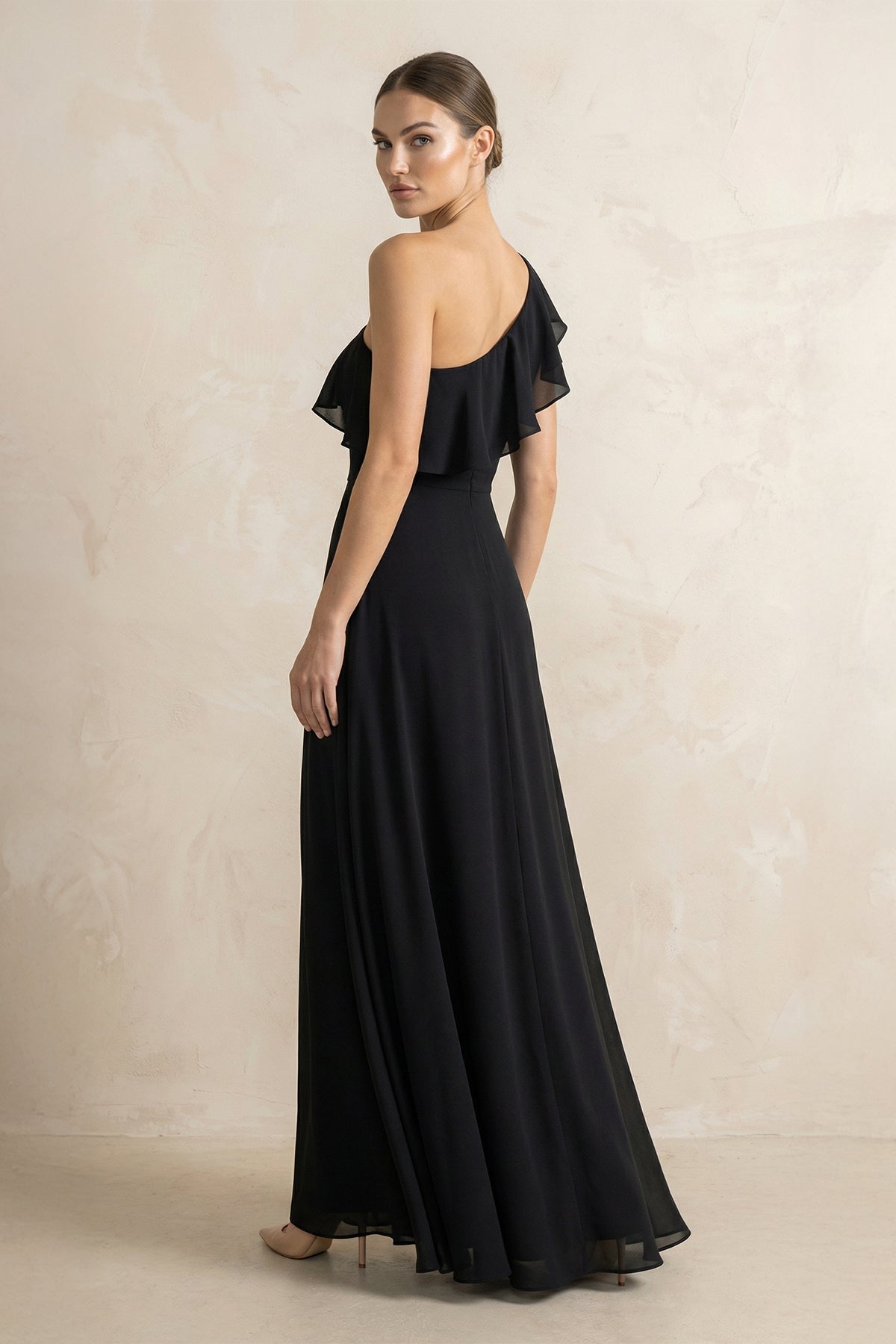 KissProm Ruffled One-Shoulder A-Line Chiffon Bridesmaid Dress in Black, Black / 2