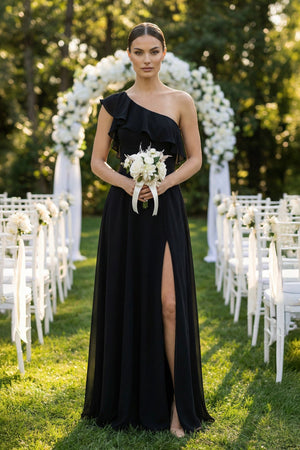KissProm Ruffled One-Shoulder A-Line Chiffon Bridesmaid Dress in Black, Black / 2