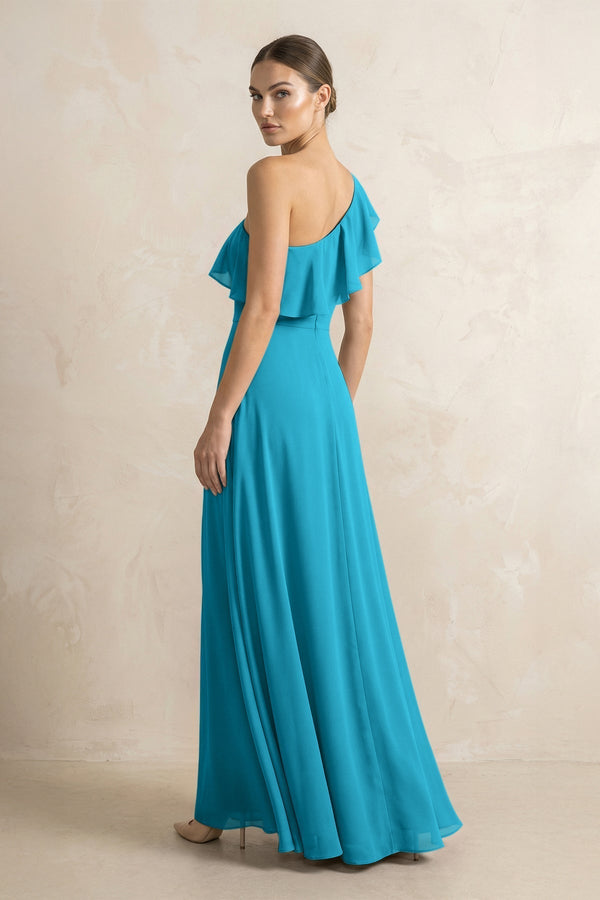 Ruffled One - Shoulder A - Line Chiffon Bridesmaid Dress in Blue Jay - KissProm Bridesmaid Dresses