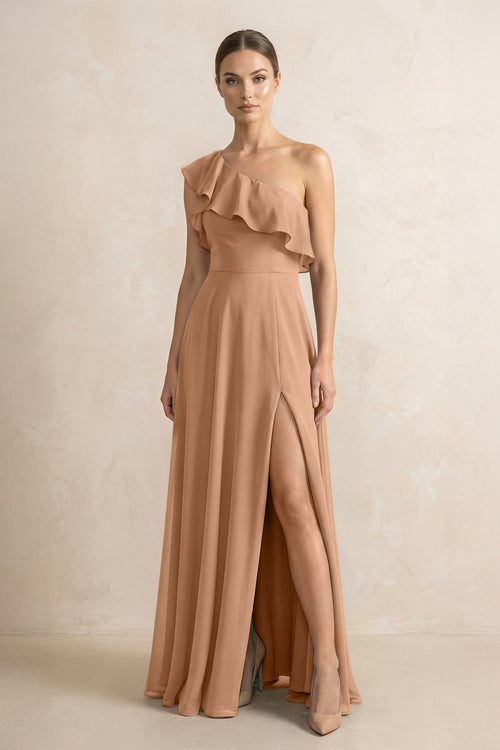Ruffled One - Shoulder A - Line Chiffon Bridesmaid Dress in Bronzer - KissProm Bridesmaid Dresses