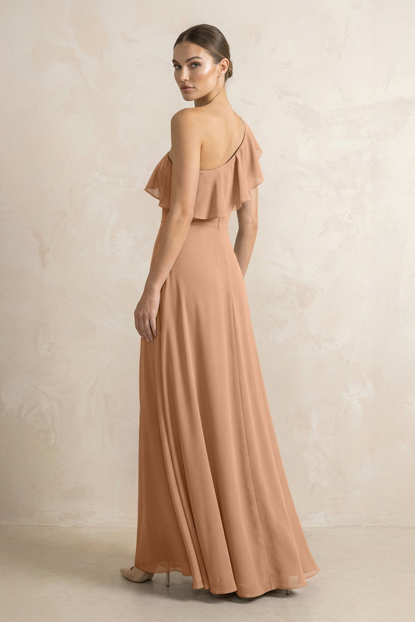 Ruffled One - Shoulder A - Line Chiffon Bridesmaid Dress in Bronzer - KissProm Bridesmaid Dresses