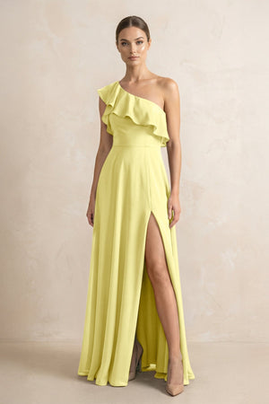 Ruffled One - Shoulder A - Line Chiffon Bridesmaid Dress in Buttercup - KissProm Bridesmaid Dresses