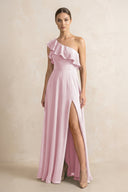 Ruffled One - Shoulder A - Line Chiffon Bridesmaid Dress in Candy Pink - KissProm Bridesmaid Dresses