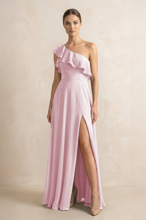 Ruffled One - Shoulder A - Line Chiffon Bridesmaid Dress in Candy Pink - KissProm Bridesmaid Dresses
