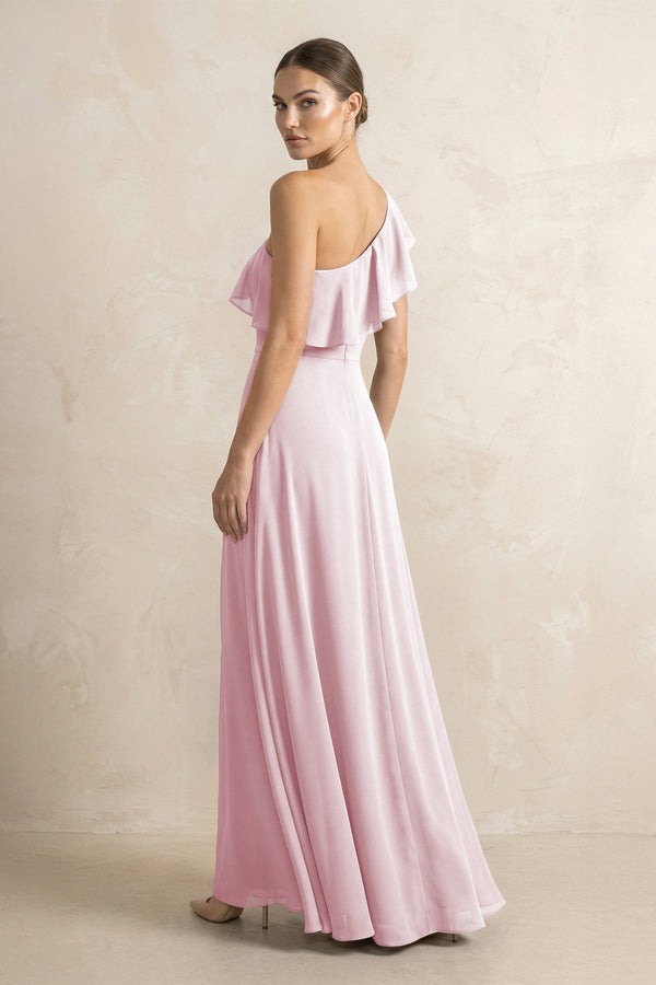 Ruffled One - Shoulder A - Line Chiffon Bridesmaid Dress in Candy Pink - KissProm Bridesmaid Dresses