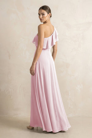 Ruffled One - Shoulder A - Line Chiffon Bridesmaid Dress in Candy Pink - KissProm Bridesmaid Dresses