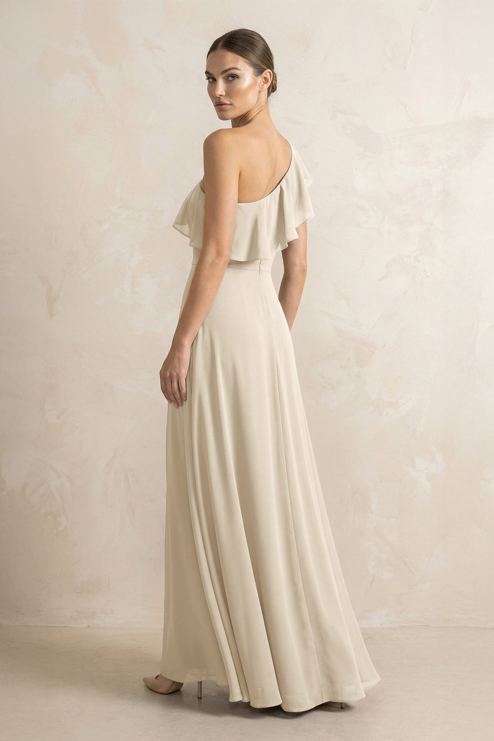 Ruffled One - Shoulder A - Line Chiffon Bridesmaid Dress in Champagne - KissProm Bridesmaid Dresses