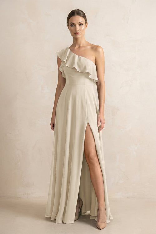 Ruffled One - Shoulder A - Line Chiffon Bridesmaid Dress in Champagne - KissProm Bridesmaid Dresses