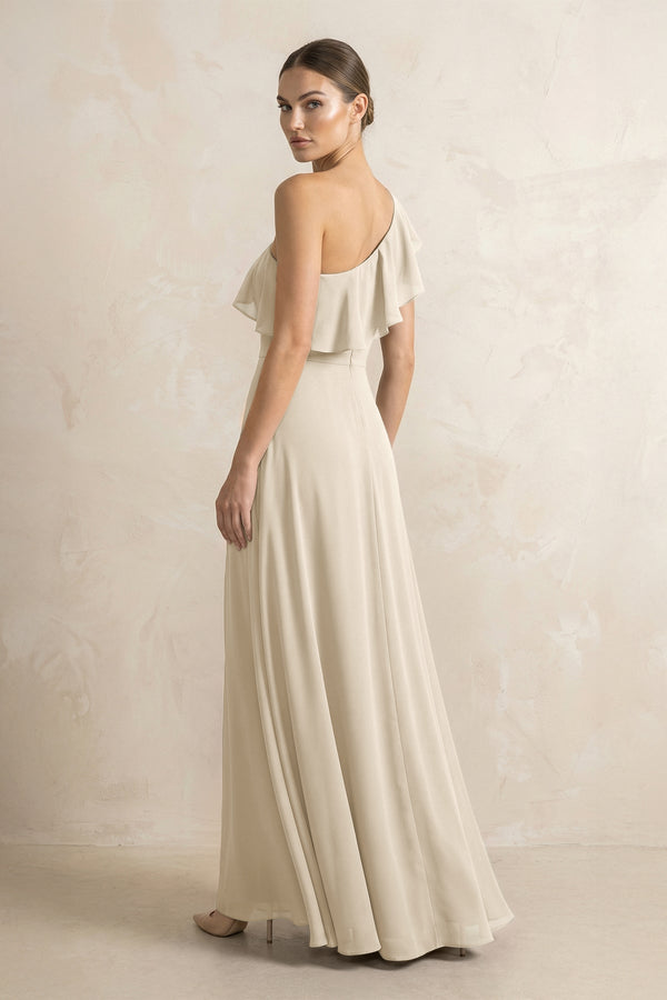Ruffled One - Shoulder A - Line Chiffon Bridesmaid Dress in Champagne - KissProm Bridesmaid Dresses