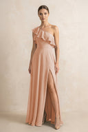 Ruffled One - Shoulder A - Line Chiffon Bridesmaid Dress in Champagne Rose - KissProm Bridesmaid Dresses