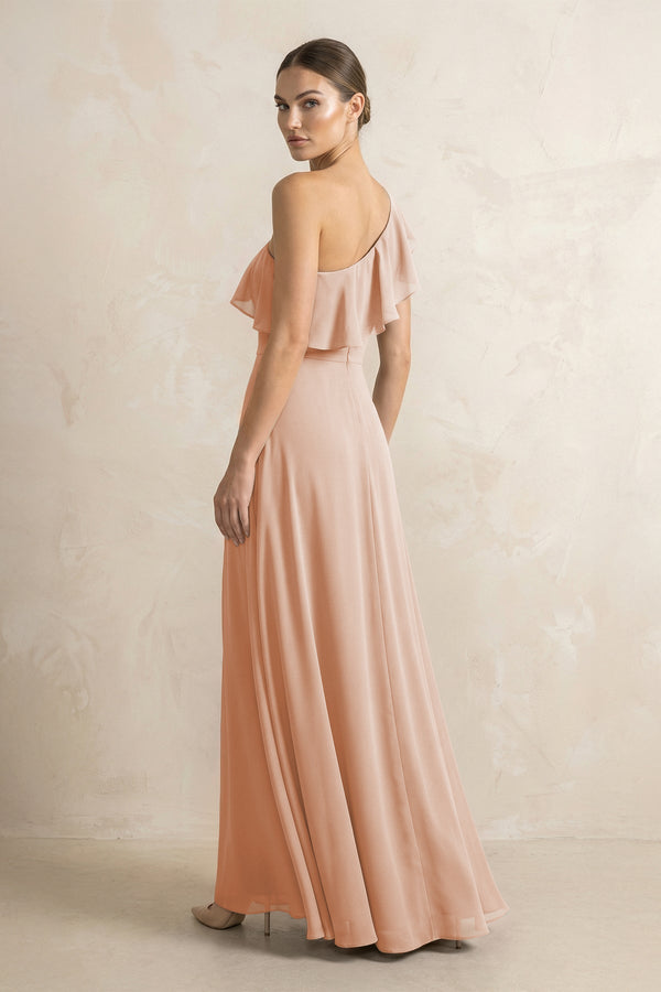 Ruffled One - Shoulder A - Line Chiffon Bridesmaid Dress in Champagne Rose - KissProm Bridesmaid Dresses