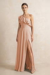 Ruffled One - Shoulder A - Line Chiffon Bridesmaid Dress in Champagne Rose - KissProm Bridesmaid Dresses