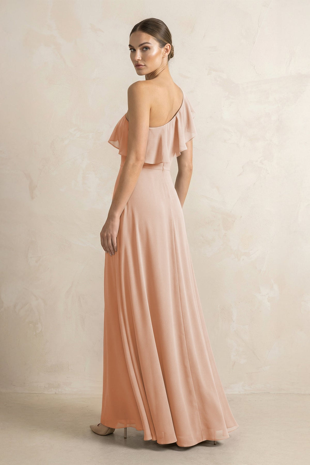Ruffled One - Shoulder A - Line Chiffon Bridesmaid Dress in Champagne Rose - KissProm Bridesmaid Dresses