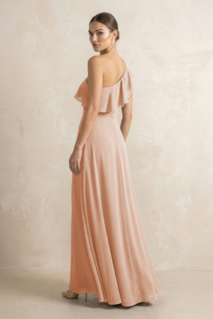 Ruffled One - Shoulder A - Line Chiffon Bridesmaid Dress in Champagne Rose - KissProm Bridesmaid Dresses