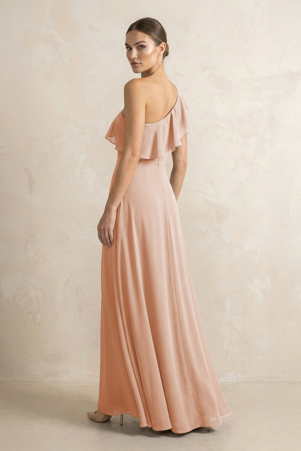 Ruffled One - Shoulder A - Line Chiffon Bridesmaid Dress in Champagne Rose - KissProm Bridesmaid Dresses