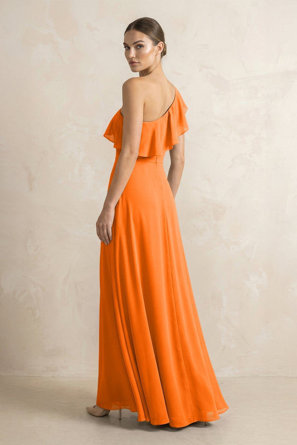 Ruffled One - Shoulder A - Line Chiffon Bridesmaid Dress in Cinnamon - KissProm Bridesmaid Dresses