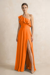 Ruffled One - Shoulder A - Line Chiffon Bridesmaid Dress in Cinnamon - KissProm Bridesmaid Dresses