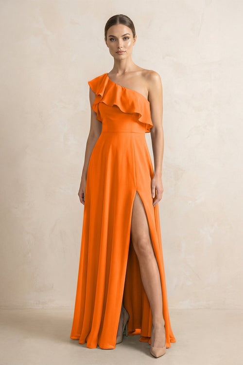 Ruffled One - Shoulder A - Line Chiffon Bridesmaid Dress in Cinnamon - KissProm Bridesmaid Dresses