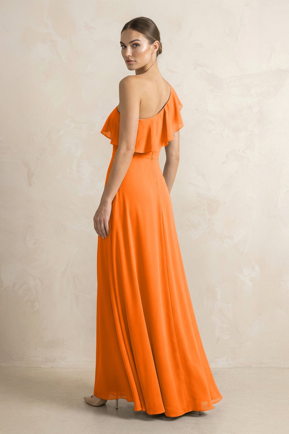 Ruffled One - Shoulder A - Line Chiffon Bridesmaid Dress in Cinnamon - KissProm Bridesmaid Dresses