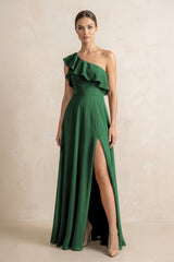 Ruffled One - Shoulder A - Line Chiffon Bridesmaid Dress in Dark Green - KissProm Bridesmaid Dresses