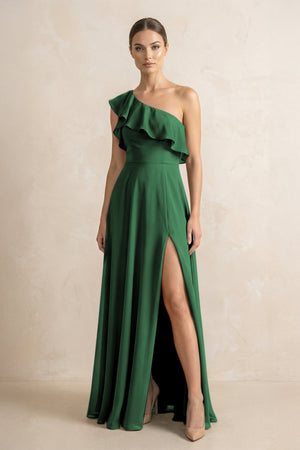 Ruffled One - Shoulder A - Line Chiffon Bridesmaid Dress in Dark Green - KissProm Bridesmaid Dresses