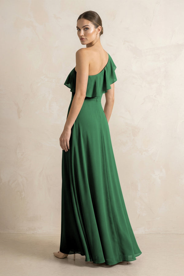 Ruffled One - Shoulder A - Line Chiffon Bridesmaid Dress in Dark Green - KissProm Bridesmaid Dresses