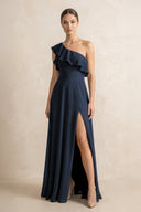 Ruffled One - Shoulder A - Line Chiffon Bridesmaid Dress in Dark Navy - KissProm Bridesmaid Dresses