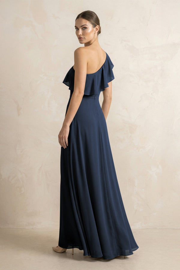 Ruffled One - Shoulder A - Line Chiffon Bridesmaid Dress in Dark Navy - KissProm Bridesmaid Dresses