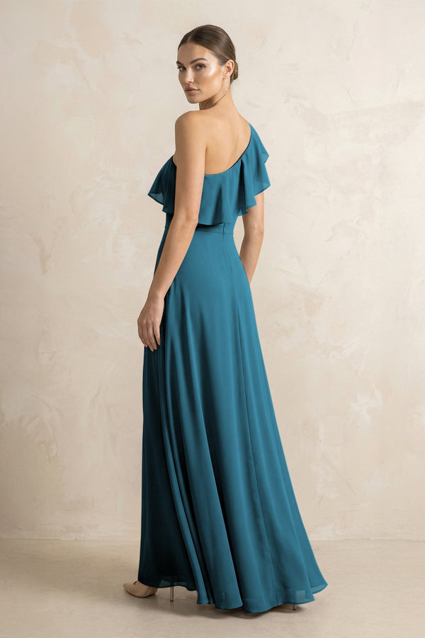 Ruffled One - Shoulder A - Line Chiffon Bridesmaid Dress in Dark Teal - KissProm Bridesmaid Dresses