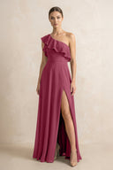 Ruffled One - Shoulder A - Line Chiffon Bridesmaid Dress in Desert Rose - KissProm Bridesmaid Dresses