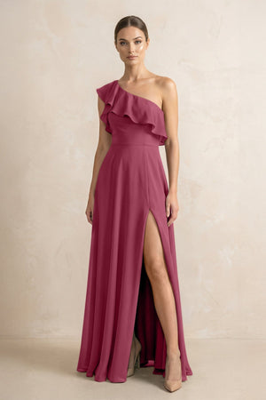 Ruffled One - Shoulder A - Line Chiffon Bridesmaid Dress in Desert Rose - KissProm Bridesmaid Dresses