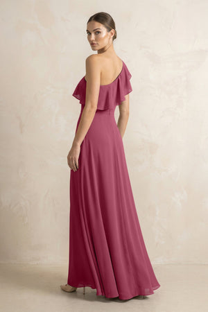 Ruffled One - Shoulder A - Line Chiffon Bridesmaid Dress in Desert Rose - KissProm Bridesmaid Dresses