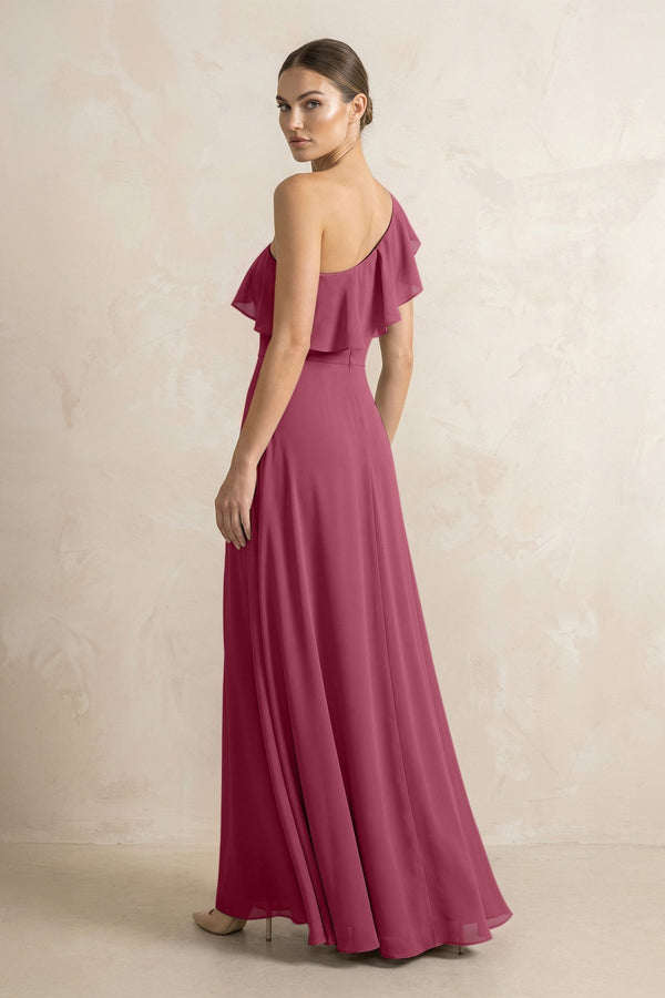 Ruffled One - Shoulder A - Line Chiffon Bridesmaid Dress in Desert Rose - KissProm Bridesmaid Dresses