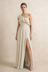Ruffled One - Shoulder A - Line Chiffon Bridesmaid Dress in Dove Gray - KissProm Bridesmaid Dresses