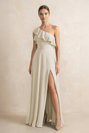 Ruffled One - Shoulder A - Line Chiffon Bridesmaid Dress in Dove Gray - KissProm Bridesmaid Dresses
