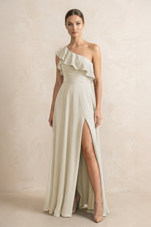 Ruffled One - Shoulder A - Line Chiffon Bridesmaid Dress in Dove Gray - KissProm Bridesmaid Dresses