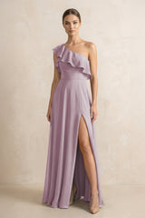 Ruffled One - Shoulder A - Line Chiffon Bridesmaid Dress in Dusk - KissProm Bridesmaid Dresses