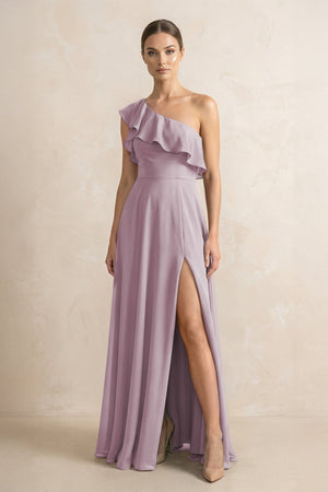 Ruffled One - Shoulder A - Line Chiffon Bridesmaid Dress in Dusk - KissProm Bridesmaid Dresses
