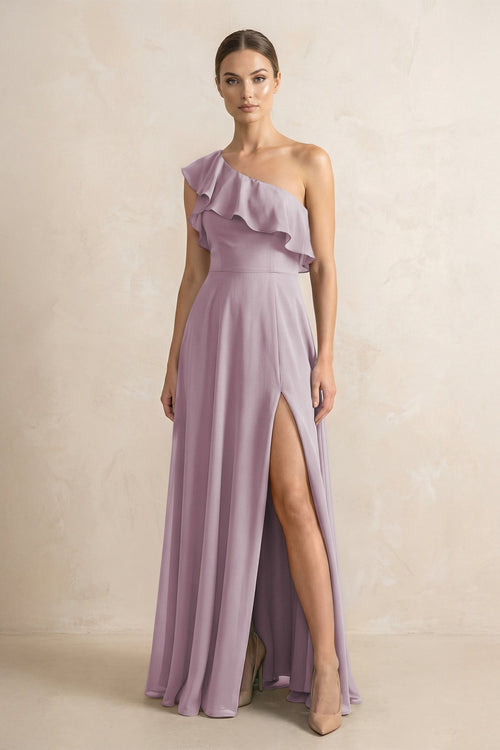 Ruffled One - Shoulder A - Line Chiffon Bridesmaid Dress in Dusk - KissProm Bridesmaid Dresses