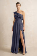Ruffled One - Shoulder A - Line Chiffon Bridesmaid Dress in Dusk Blue - KissProm Bridesmaid Dresses