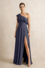 Ruffled One - Shoulder A - Line Chiffon Bridesmaid Dress in Dusk Blue - KissProm Bridesmaid Dresses