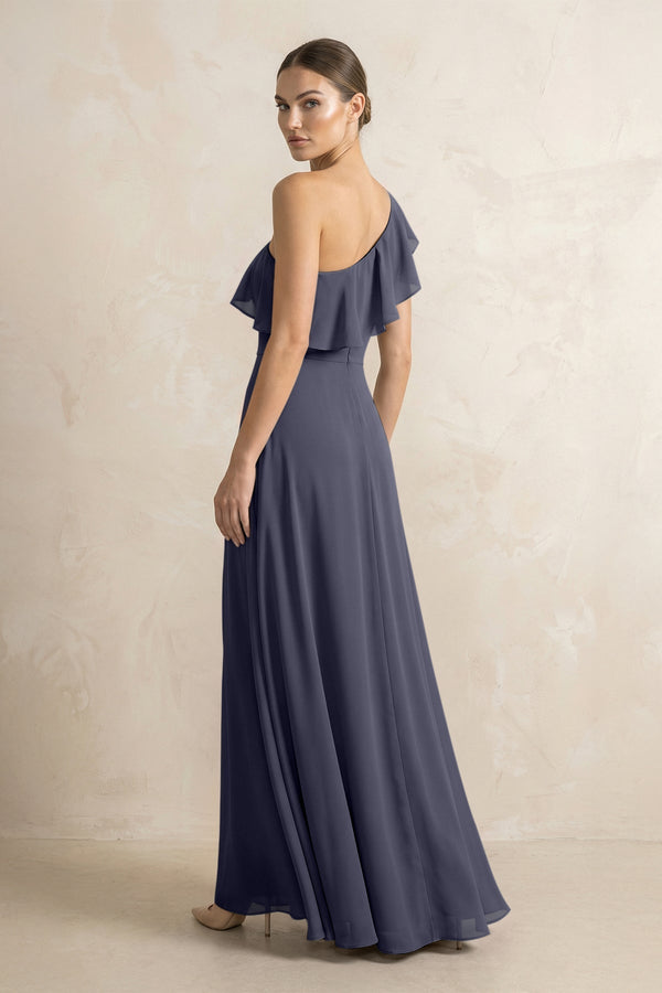 Ruffled One - Shoulder A - Line Chiffon Bridesmaid Dress in Dusk Blue - KissProm Bridesmaid Dresses