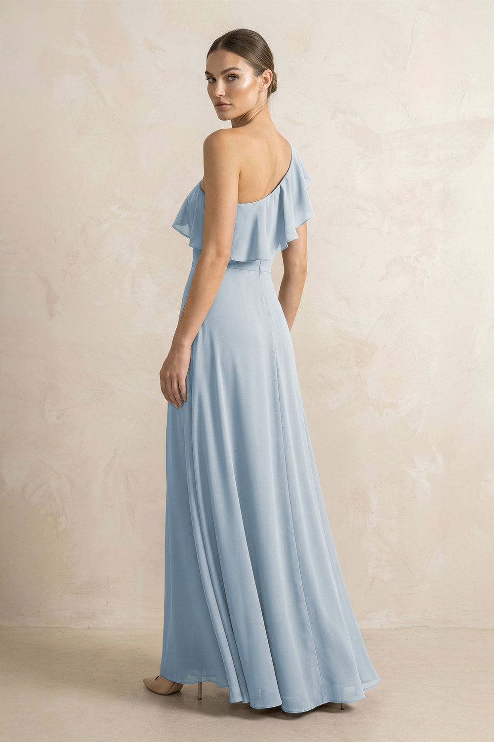 Ruffled One - Shoulder A - Line Chiffon Bridesmaid Dress in Dusty Blue - KissProm Bridesmaid Dresses