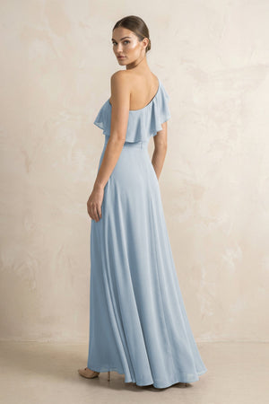 Ruffled One - Shoulder A - Line Chiffon Bridesmaid Dress in Dusty Blue - KissProm Bridesmaid Dresses