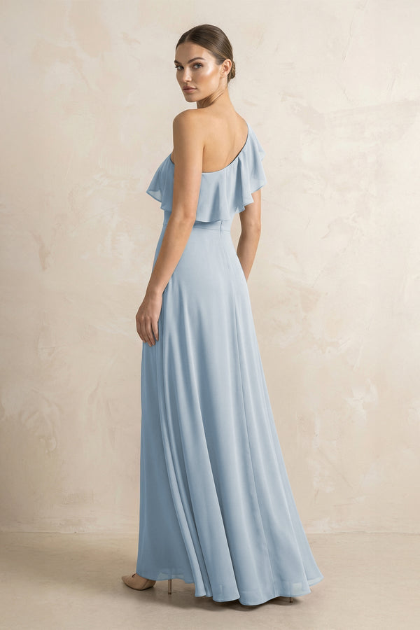 Ruffled One - Shoulder A - Line Chiffon Bridesmaid Dress in Dusty Blue - KissProm Bridesmaid Dresses