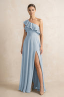 Ruffled One - Shoulder A - Line Chiffon Bridesmaid Dress in Dusty Blue - KissProm Bridesmaid Dresses