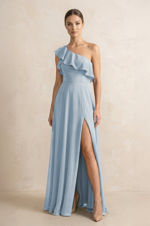 Ruffled One - Shoulder A - Line Chiffon Bridesmaid Dress in Dusty Blue - KissProm Bridesmaid Dresses